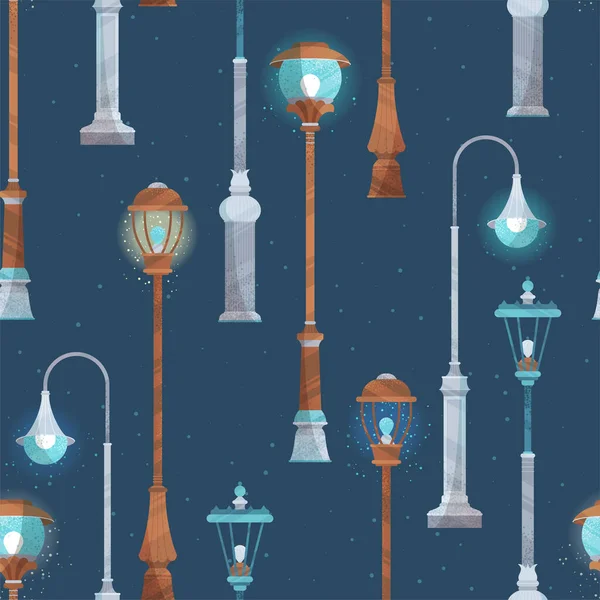 深蓝色背景上的各种街灯 具有现代噪音质感 灯光和阴影的平坦无边背景 — 图库矢量图片