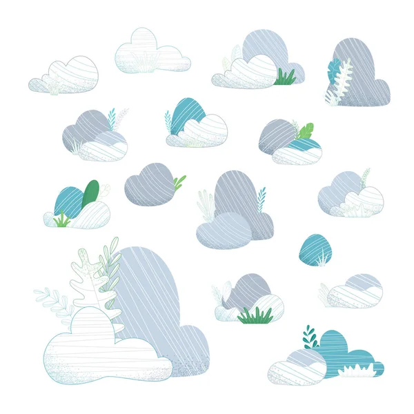 Diverses Pierres Avec Herbe Des Feuilles Sur Fond Blanc Illustration — Image vectorielle