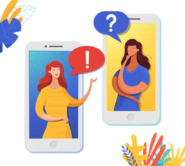 Meninas Incompreensão Line Plana Ilustração Amigos Conversando Comunicando Através Smartphones —  Vetores de Stock