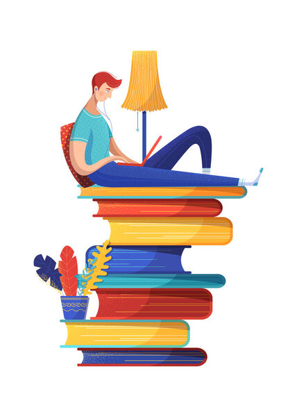 Man reading ebook flat vector illustration. Digital library archive isolated clipart on white background. Male cartoon character studying online, freelancer remote working. Internet self education