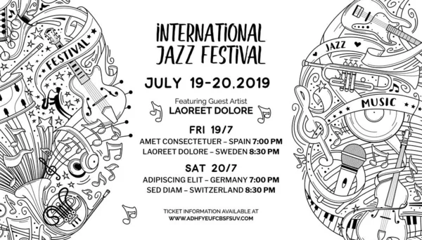 Internationell Jazzfestival Web Banner Skissera Vektor Mall Blues Sångare Och — Stock vektor