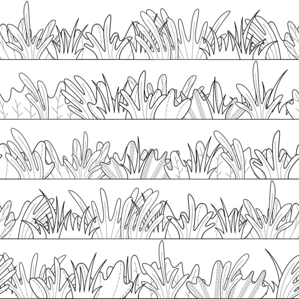 Doodles Erba Foglie Bianco Bianco Nero Sconfinato Sfondo Estivo — Vettoriale Stock