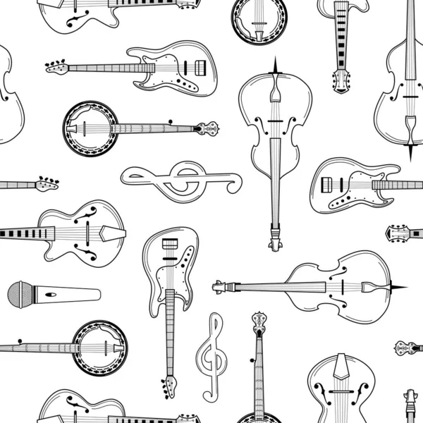Musical Instruments Hand Drawn Outline Seamless Pattern Guitar Cello Banjo — Stock Vector