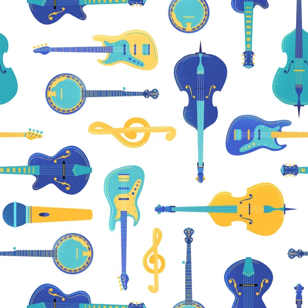 String Musical Instruments Vector Seamless Pattern Cello Guitar Violin Banjo — Stock Vector