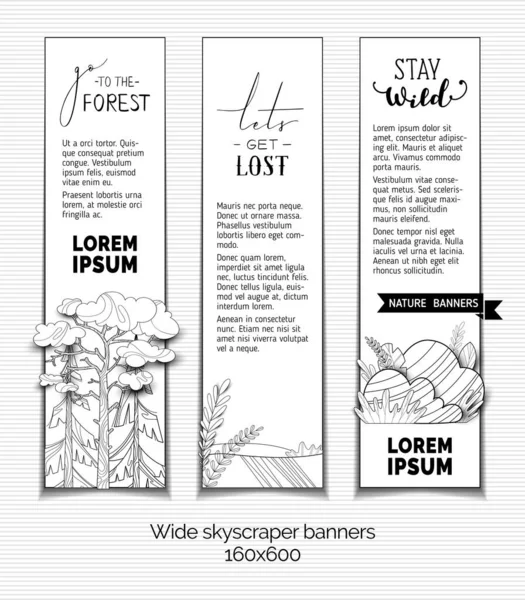 Nature Landscapes Outlined Pine Firs Stones Leaves Grass Copy Space — Stock Vector