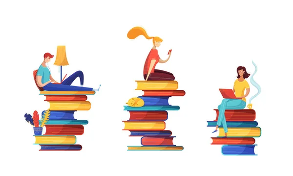 Digital Library Readers Flat Vector Illustrations Set Girl Reading Ebook — Stock Vector