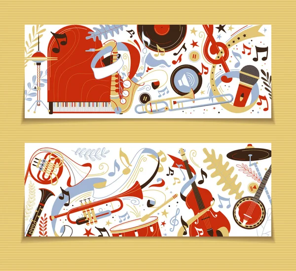 Musical Instruments Flat Vector Backgrounds Set Grand Piano Trumpet Flute — Stock Vector