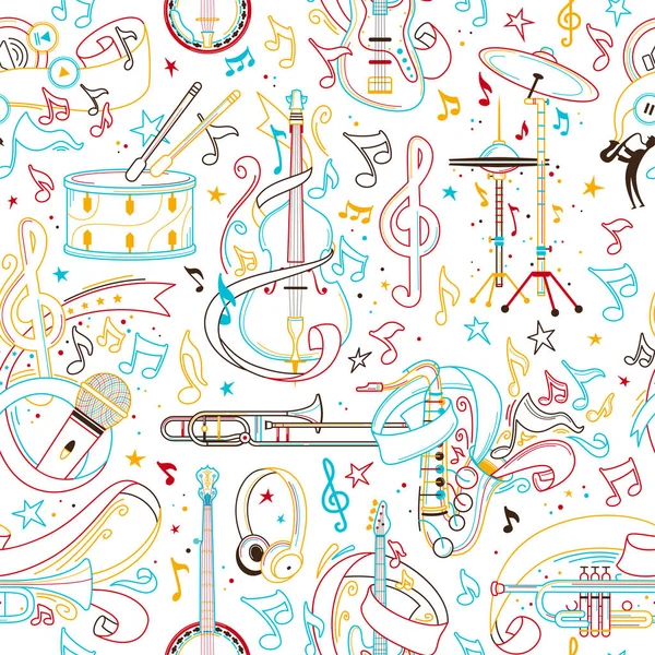 Musical Instruments Hand Drawn Outline Seamless Pattern Cello Trombone Microphone — Stock Vector