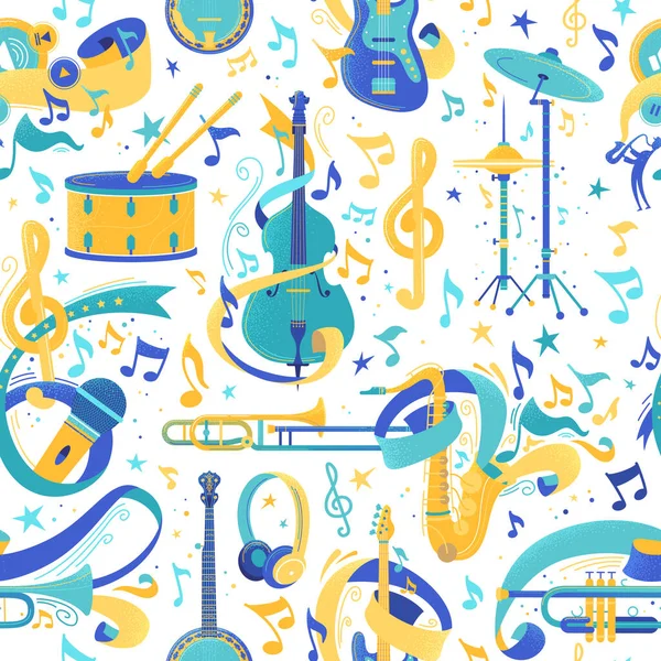 Instruments Musique Plat Vecteur Motif Sans Couture Cartoon Violoncelle Microphone — Image vectorielle