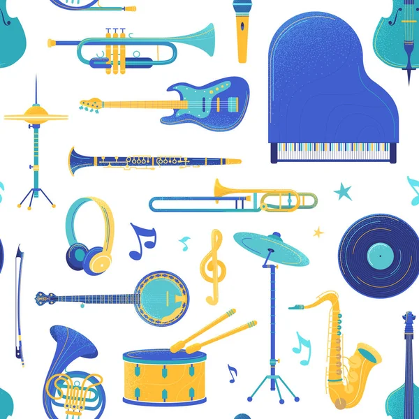 Instruments Musique Orchestre Vectoriel Motif Sans Couture Batterie Guitare Laiton — Image vectorielle