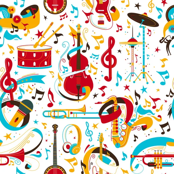 ジャズ楽器レトロベクトルシームレスパターン バンジョー ドラムセット トランペット 音符のテクスチャ クラシックオーケストラ ロックコンサート 音楽祭の背景 — ストックベクタ