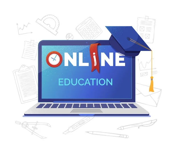 Online Ακαδημαϊκή Εκπαίδευση Banner Επίπεδη Διάνυσμα Πρότυπο Άνοιγμα Φορητού Υπολογιστή — Διανυσματικό Αρχείο