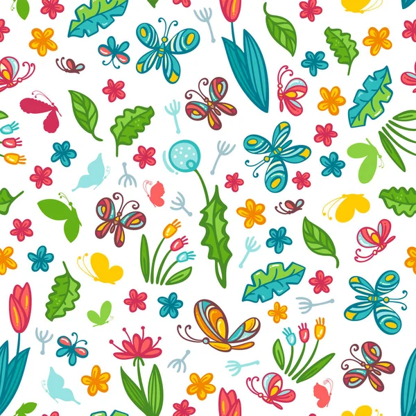 Квіти Листя Метелики Білому Яскравий Безмежний Фон Вашого Дизайну — стоковий вектор