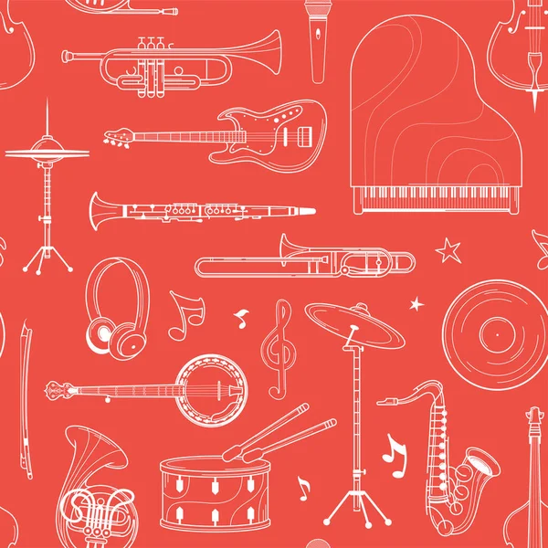 Musical Orchestra White Outline Seamless Pattern Drumset Record French Horn — Stock Vector