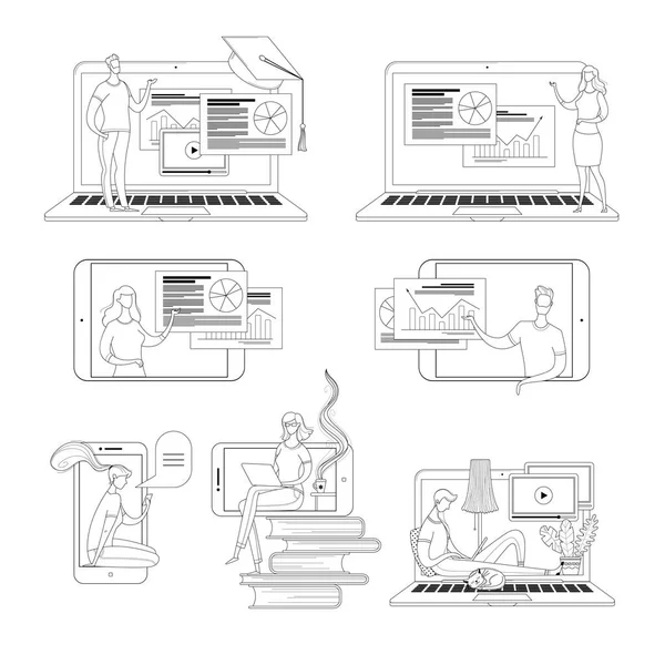 Ilustrasi Vektor Garis Besar Pembelajaran Internet Diatur Kursus Online Seni - Stok Vektor