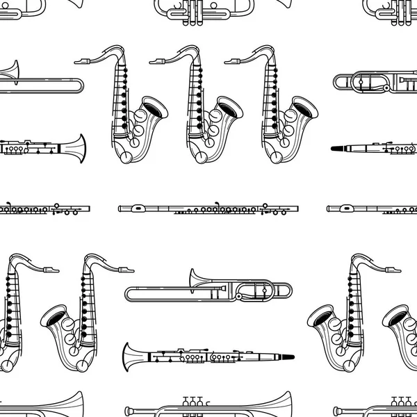 Instruments Musique Dessinés Main Contour Sans Couture Trompette Clarinette Saxophone — Image vectorielle