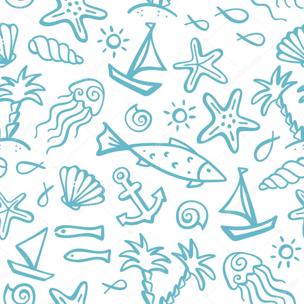 Seamless pattern of ocean animals and plants, fish, anchor, boat, ship, jellyfish, shell, starfish, palms on an island, sun.