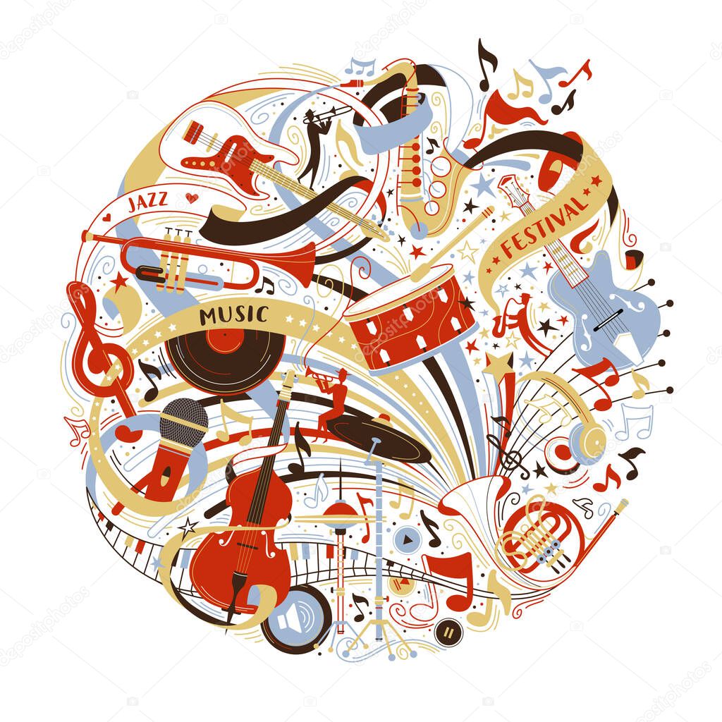 Musical instruments shop assortment flat vector illustration. Jazz festival advertisement. Electric guitar, grand piano isolated design elements. Retro music record, microphone, violin doodle drawings
