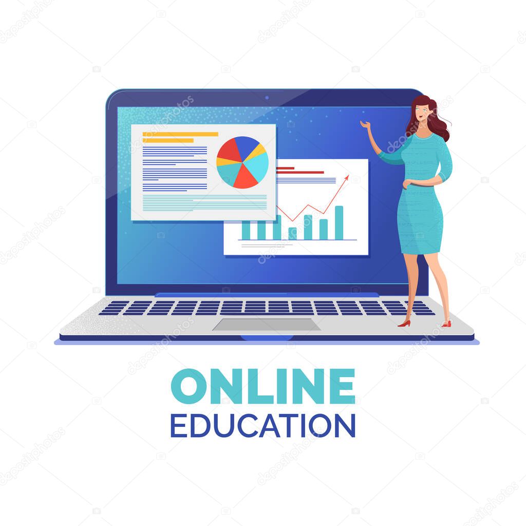 Online education web banner flat vector template. Stock market analysis, data statistics and analytics online course. Female educator offering Internet lesson cartoon character. Distance classes