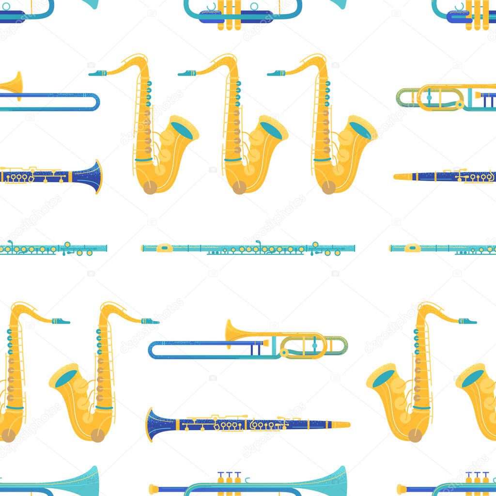 Brass and woodwind instruments flat vector seamless pattern. Sax, trombone, clarinet, flute texture. Jazz, classical music background design. Classic orchestra, music festival, performance