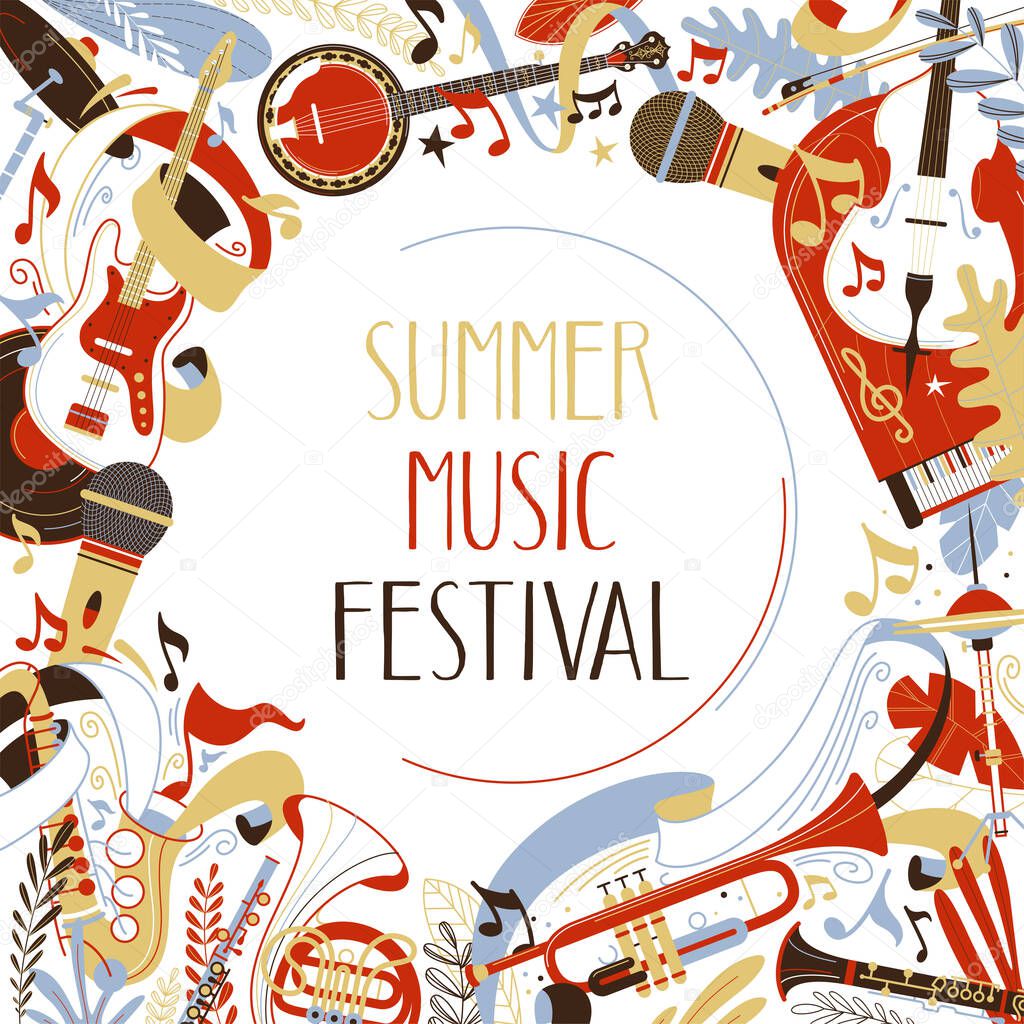 Summer music festival flat web banner template. Classical concert, blues and jazz band performance advertising poster with text space. Musical event social media post layout. Trumpet, sax illustration