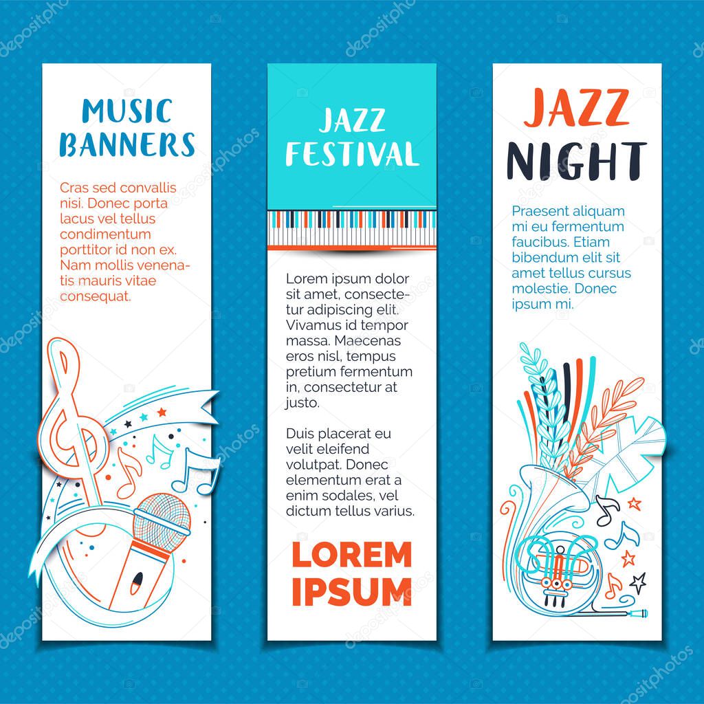 Jazz festival hand drawn vector banner templates set. Night live performance bright outline on white background minimalist poster design layout with copyspace. Piano keys colorful line art