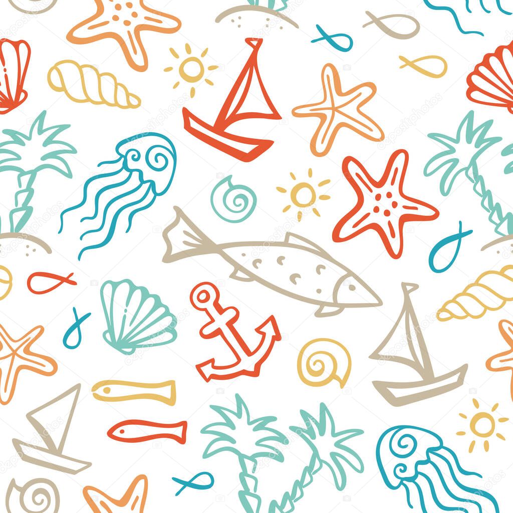 Seamless pattern of ocean animals and plants, fish, anchor, boat, ship, jellyfish, shell, starfish, palms on an island, sun.