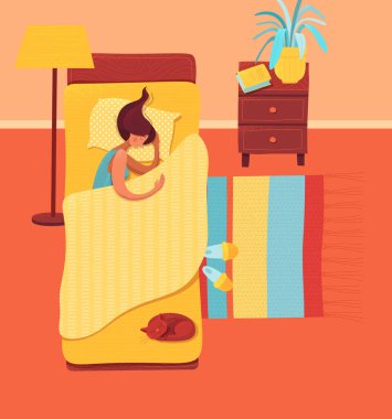 Uyuyan kadın odada, çizgi film vektör çizimi