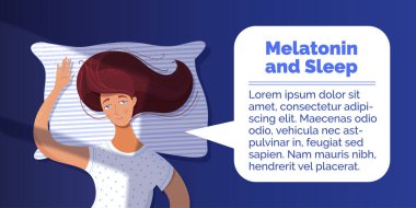 Melatonin ve uyku mektuplarıyla yastığa uzanmış bir karikatür kadın.