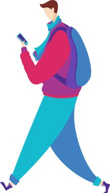 Sırt çantalı çizgi film adamı akıllı telefon ekranına bakıyor.