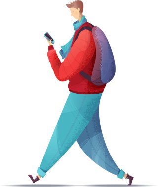 Sırt çantalı çizgi film adamı akıllı telefon ekranına bakıyor.