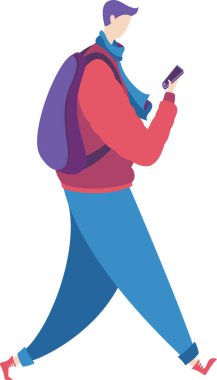 Sırt çantalı çizgi film adamı akıllı telefon ekranına bakıyor.