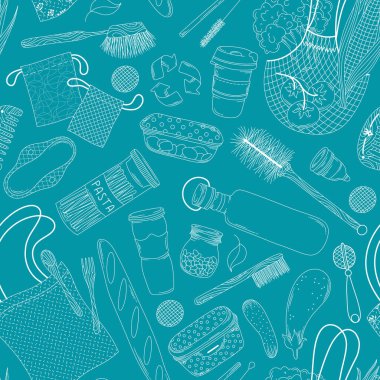 Tekrar kullanılabilir poşetler ve yiyeceklerle kusursuz desen.