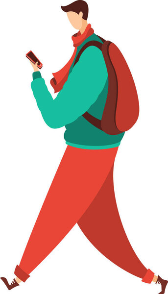 мультяшный человек с рюкзаком смотрит на экран смартфона