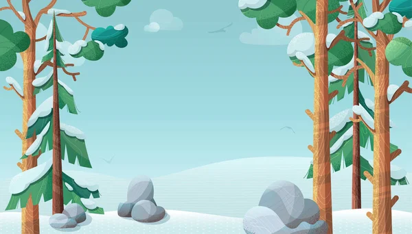 Dibujos Animados Invierno Nevado Escena Con Árboles — Archivo Imágenes Vectoriales