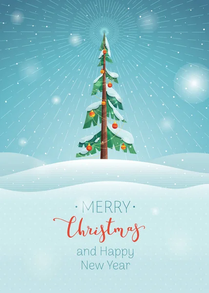 Διακοσμημένο Χριστουγεννιάτικο Δέντρο Χιονισμένο Τοπίο Ευχετήρια Κάρτα — Διανυσματικό Αρχείο