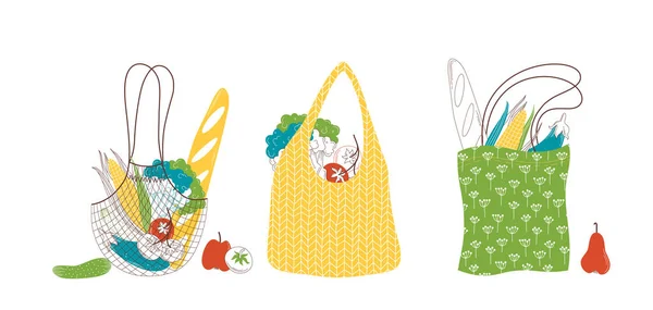 Zero Waste Concept Bags Fruit Vegetables Bread — Stock Vector