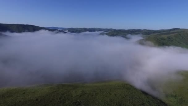 Flyga Över Bergen Täckt Dimma Dimman Sprider Sig Över Bergen — Stockvideo