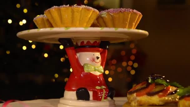 Mesa Natal Ano Novo Humor Natal Casa Gengibre Com Luzes — Vídeo de Stock