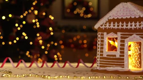 Mesa Navideña Año Nuevo Humor Navidad Casa Jengibre Con Luces — Vídeo de stock