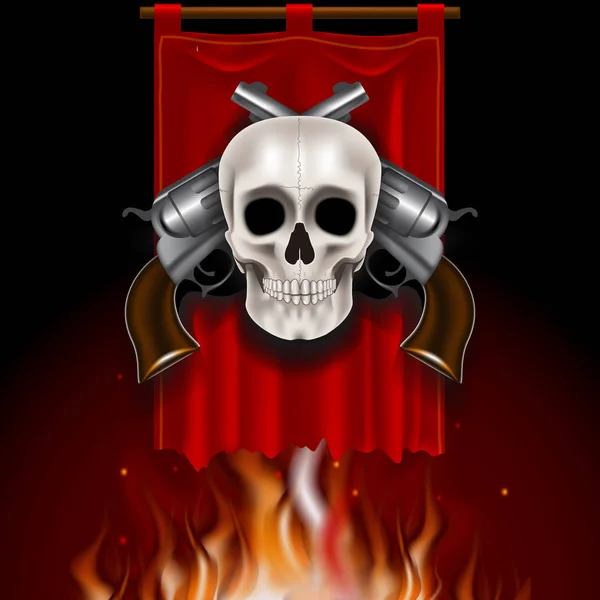 Vintage Image Skull Two Guns Red Banner Game Style — Stock Vector