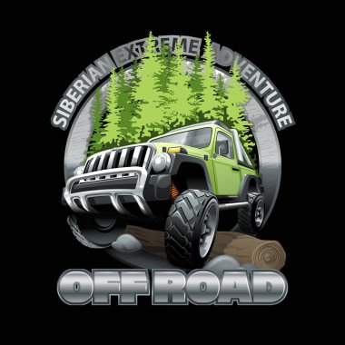 Aşırı yeşil Off Road araç Suv Sibirya macera. Vektör çizim.