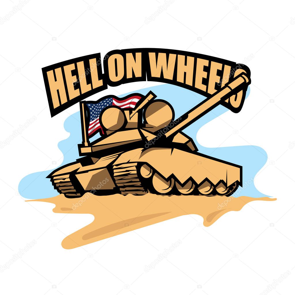 Illustration of an American tank in the desert with the motto 