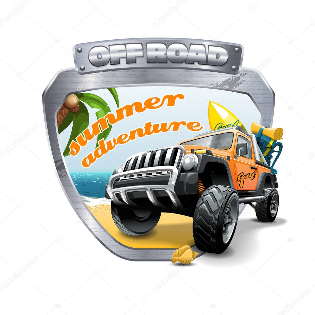 Extreme orange Off Road Vehicle SUV on a beach. Vector illustration.