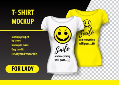 T-Shirt Mockup gülümseme ve iki renk komik ifade. Mockup ve düzenlenebilir katmanlı.