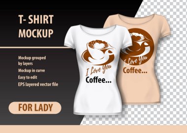 T-Shirt Mockup kahve fincanı ve iki renk komik ifade. Mockup ve düzenlenebilir katmanlı.