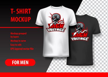 T-Shirt Mockup yüksek gerilim ve kafatası ifade iki renk ile. Mockup ve düzenlenebilir katmanlı.