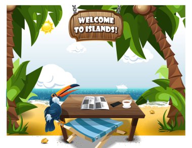 Masa ve sandalye ile plaj sahnesinde yaz.