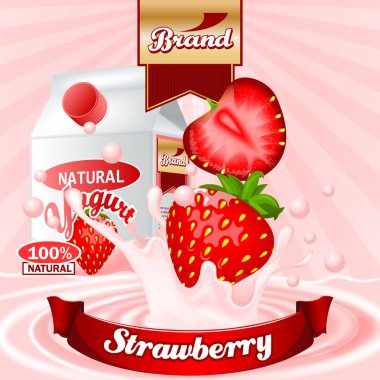 Çilekli yoğurt reklamları. Paket ve meyve ile sahne sıçramasına. Düzenlenebilir mockup.