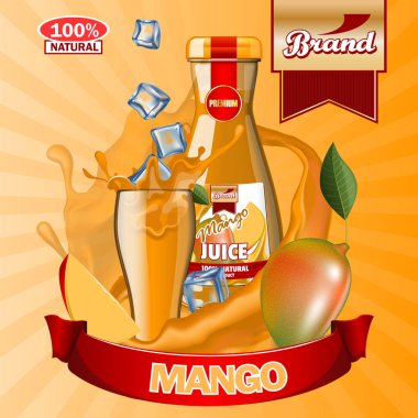 Suyu Mango reklamlarla logo ve etiket. Gerçekçi düzenlenebilir mockup